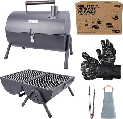 AGG Portable Charcoal Grill - 2-in-1 Tabletop BBQ & Griddle Combo - Compact Mini Barrel Grill for Camping, Balcony & Tailgating - Includes Apron, Heat-Resistant Gloves & Tongs -Small Outdoor Grill