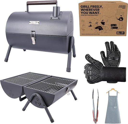 AGG Portable Charcoal Grill - 2-in-1 Tabletop BBQ & Griddle Combo - Compact Mini Barrel Grill for Camping, Balcony & Tailgating - Includes Apron, Heat-Resistant Gloves & Tongs -Small Outdoor Grill