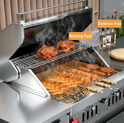 Stainless Steel Built In Grill, Large Charcoal BBQ Grills with Liftable Tray, Visible Insulated Hood & Temp Gauge, 459SQ In Cooking Grid Area for Outdoor Kitchen Cooking Family Parties (Silver)