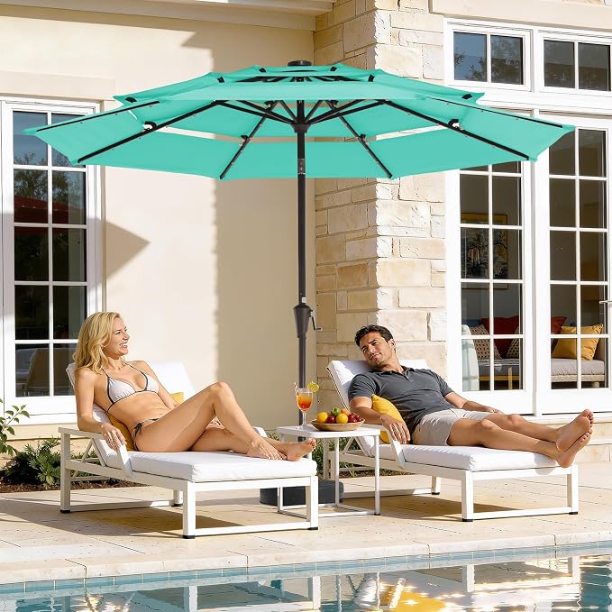 JEAREY 9 ft 3-Tier Outdoor LED Lighted Patio Umbrella w/Crank, Peacock Blue | Solar Market Table Umbrella with 8 Sturdy Ribs, UV Protection Waterproof Sunproof for Garden, Deck and Backyard