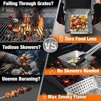 3 Piece Stainless Steel Grill Basket Set with Basting Brush, Heavy Duty Small Vegetable Grill Basket for Outdoor Grill - Perforated Compact BBQ Grill Pan & Wok Accessories for Gas, Charcoal, Veggies