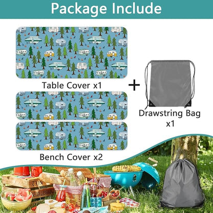 JAWO Picnic Table Cover with Bench Covers Elastic Edges, Camper Rv Fitted Table Cover, Outdoor Patio Camping Essentials, Waterproof Camping Fitted Tablecloth with Drawstring Bag, 30x60in