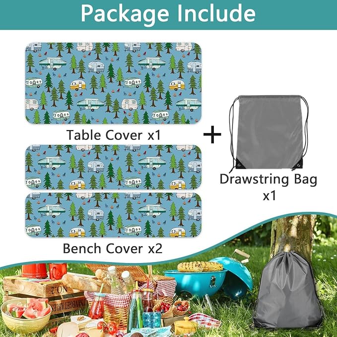 JAWO Picnic Table Cover with Bench Covers Elastic Edges, Camper Rv Fitted Table Cover, Outdoor Patio Camping Essentials, Waterproof Camping Fitted Tablecloth with Drawstring Bag, 30x96in
