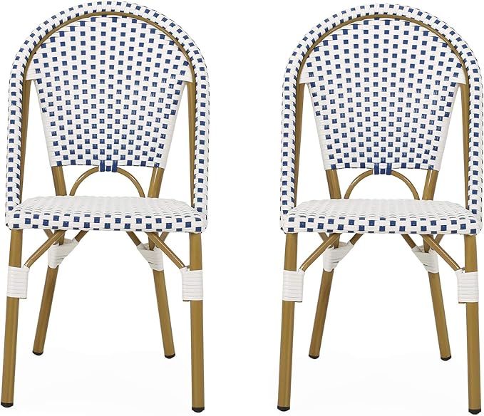 Christopher Knight Home Philomena Outdoor French Bistro Chair (Set of 2), Blue + White + Bamboo Print Finish