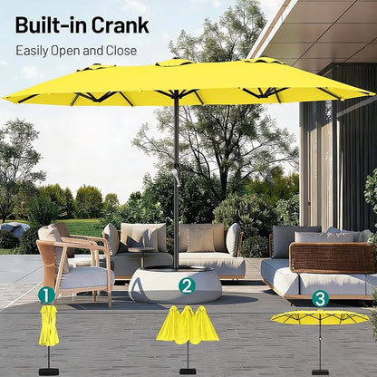 AreShark 15FT Outdoor Patio Umbrella with Crank, Large Rectangular Market Umbrella, Double-Sided Outdoor Umbrellas with Cross Base & Sandbag for Porch, Lawn, Pool, Backyard, Yellow