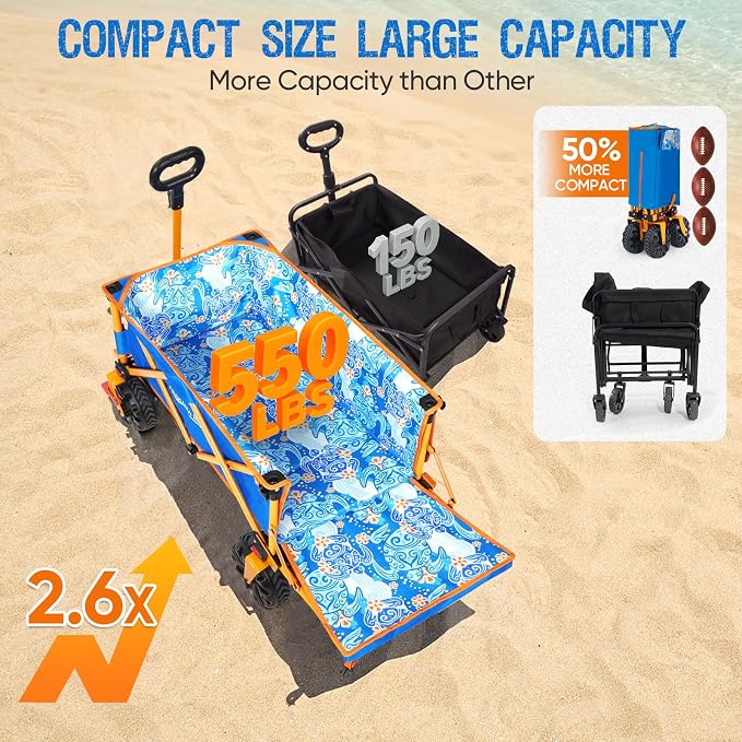 300lbs Extra Long 49" L Beach Wagon with Big Wheels with Brake for Sand, Collapsible Utility Beach Cart Heavy Duty Folding Wagon,Ideal for Outdoor Sand Camping Garden Pet