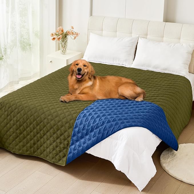 Smiry Waterproof Reversible Dog Bed Cover Pet Blanket | Pet Friendly, Soft Fabric, Washable Dog Blanket for Furniture Bed Couch Sofa, Checkered (82"x82", Green/Navy)