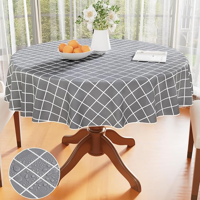 Round Table Cloth, Wipeable Plastic Plaid Tablecloths, Waterproof Vinyl Table Cover with Flannel Backing for Dining, Picnic, Indoor and Outdoor (60" Round, Grey)