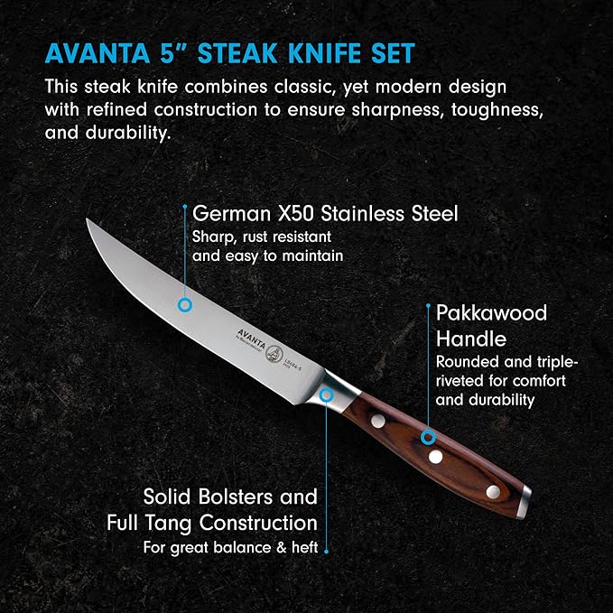 Messermeister Avanta Forged 5” Fine Edge Steak Knife Set - Pack of 2 - German X50 Stainless Steel - Rust Resistant & Easy to Maintain - 8 Steak Knives Total
