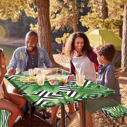 Palm Leaves Picnic Fitted Tablecloths and Bench Covers, Tropical Jungle Plant Leaf Print Elastic Edge Table Cover, 72x28 Inch, 3 Pcs Set Rectangle Tablecloths for Indoor Outdoor Dinner Party Patio Use