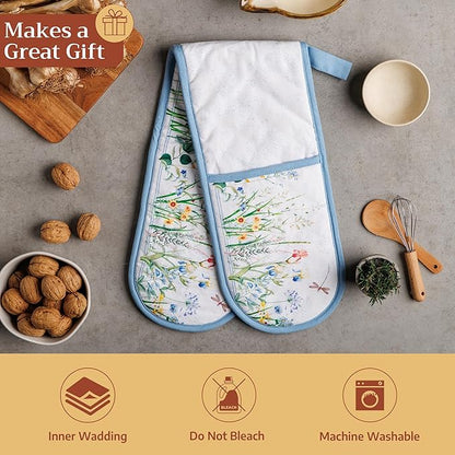 Maison d' Hermine Double Oven Mitts 100% Cotton 7"x35" Double Oven Mitt Heat Resistant BBQ Cooking Gloves with Loop Baking Grilling Kitchen Hotel Home Farmhouse Spring Summer (Fleurs De Mai)