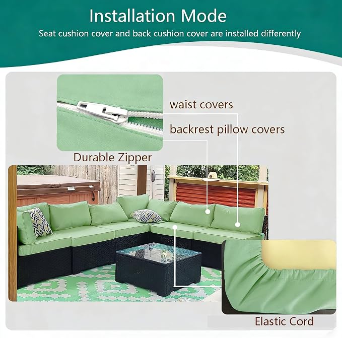 Outdoor Cushion Covers Replacement 14 Pcs, Bean Green | Patio Cushion Covers Fit for 7Pieces 6-Seater Wicker Rattan Sectional Couch Sofa, Outdoor Cushion Slipcovers Set