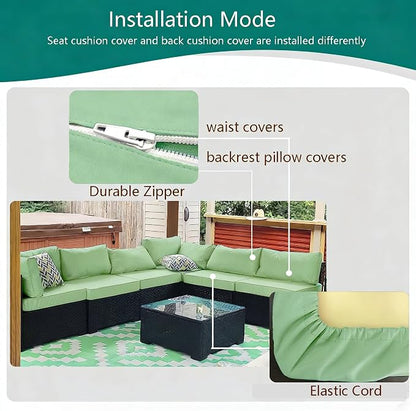 Outdoor Cushion Covers Replacement 14 Pcs, Bean Green | Patio Cushion Covers Fit for 7Pieces 6-Seater Wicker Rattan Sectional Couch Sofa, Outdoor Cushion Slipcovers Set
