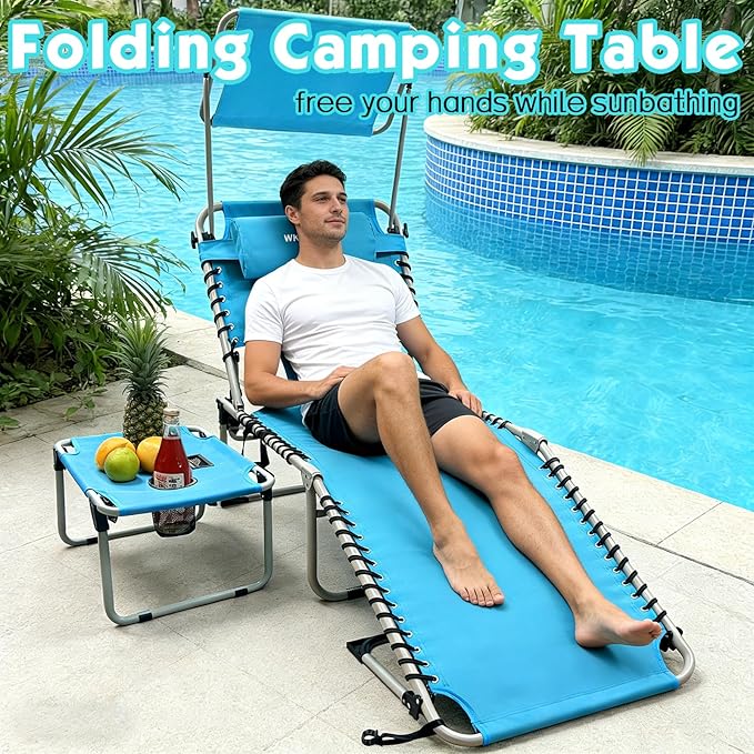 Outdoor Tanning Chair with Sun Canopy Shade & Face Hole, Folding Lounge Chair with Beach Table and Carry Bag for Poolside Sunbathing Lawn