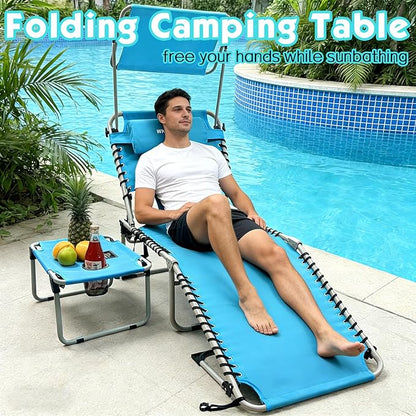 Outdoor Tanning Chair with Sun Canopy Shade & Face Hole, Folding Lounge Chair with Beach Table and Carry Bag for Poolside Sunbathing Lawn
