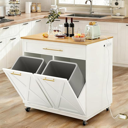 YITAHOME Mobile Storage Islands, Double Tilt Out Trash Cabinet with Power Outlet, Hidden Trash Cabinet Fit 20-Gallon Bin