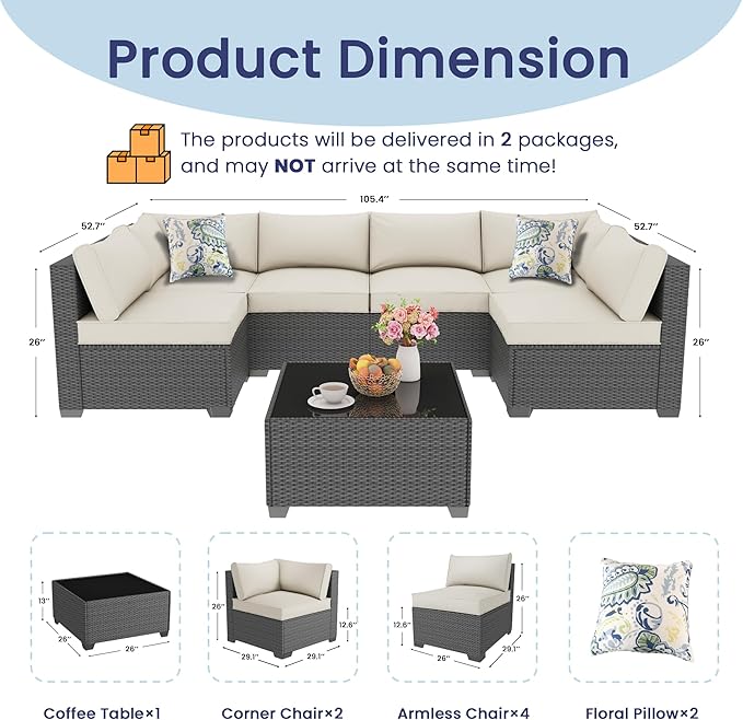 olimix 7 Piece Outdoor Patio Furniture Set, Outdoor Sectional Furniture, Rattan & Wicker Modern Modular Conversation Set Sofa Couch W/Water Resistant Washable Thick Cushions, Coffee/Beige