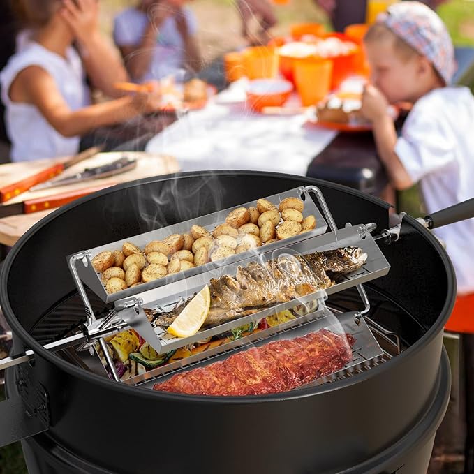 onlyfire Stainless Steel BBQ Rotating Tray Rotisserie Basket for Most Grills, Fits for 3/8" & 5/16" Square, 1/2" & 3/8" Hexagon Spit Rods