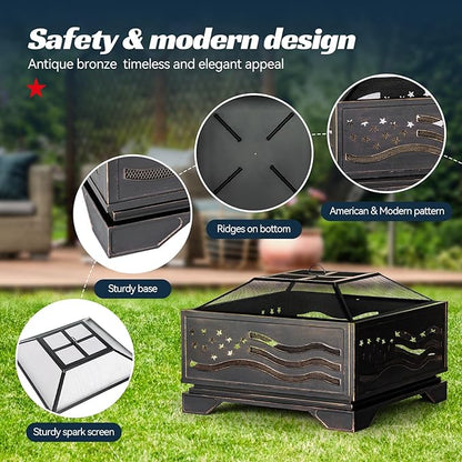 Verdeluxe 32Inch Square-Shaped Fire Pit,Outdoor Fire Pits with Spark Screen&Poker,Metal Square Wood Burning Firepits for Outside,Backyard,Bonfire,Patio,Party,Garden,Picnic and Camping(Antique Bronze)