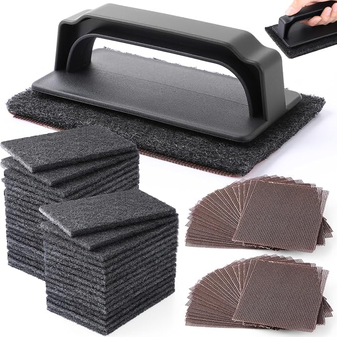 Reallnaive 93 Pcs Griddle Cleaning Kit for Flat Top Grill,Black | Screen Holder, Grill Screens Cleaning Pads, Heavy Duty Abrasive Mesh Pads for Cast Iron, Stainless Steel Griddle Cleaner