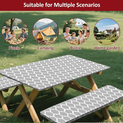 6ft 72in Picnic Table and Bench Cover, 3 Pack, Gray-White Moroccan | Drawstring Bag, Waterproof Windproof, Elastic Fitted Edges Tablecloth, for Rectangle Table & Seat, Camping Essentials RV Gear