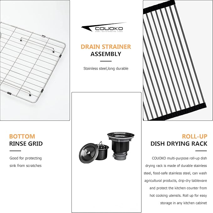 28x22 Drop In Kitchen Sink Black 16 Gauge Stainless Steel Single Bowl Drop Kitchen Sinks Nano PVD Gunmetal Black Handmade Large Deep Topmount Sinks, 28x22x9 Inch