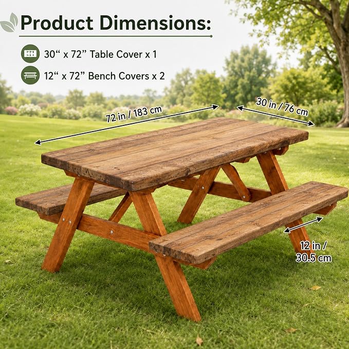 Emwwat Picnic Table Cover with Bench Covers, Waterproof Elastic Corner Fitted Tablecloth for 6 Foot Rectangle Tables, Washable Camping Table Cover Set for Picnic Outdoor BBQ (Brown, 72in)