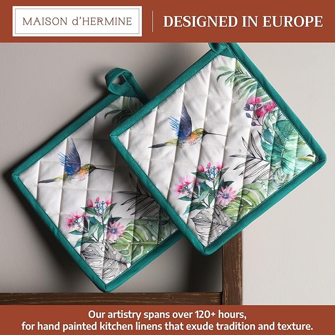 Maison d' Hermine Pot Holders 100% Cotton Heat Resistant Potholders 8" x 8" Hot Pads with Loop BBQ Cooking Baking Hotel Farmhouse Kitchen Handling Hot Pans Spring Summer (Pack of 2, Tropiques)