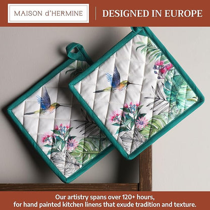 Maison d' Hermine Pot Holders 100% Cotton Heat Resistant Potholders 8" x 8" Hot Pads with Loop BBQ Cooking Baking Hotel Farmhouse Kitchen Handling Hot Pans Spring Summer (Pack of 2, Tropiques)