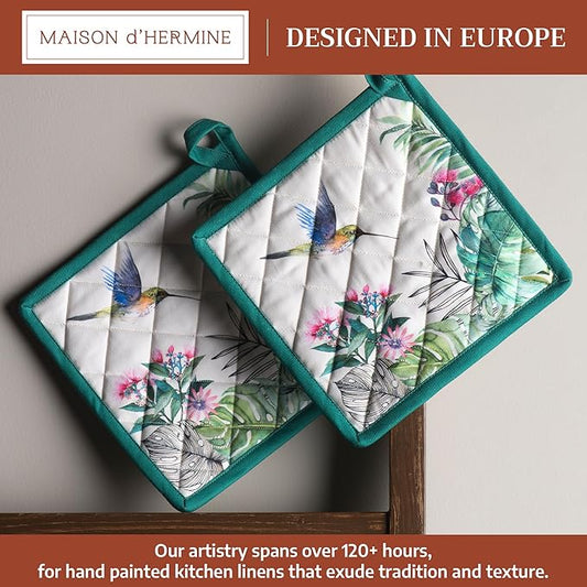 Maison d' Hermine Pot Holders 100% Cotton Heat Resistant Potholders 8" x 8" Hot Pads with Loop BBQ Cooking Baking Hotel Farmhouse Kitchen Handling Hot Pans Spring Summer (Pack of 2, Tropiques)