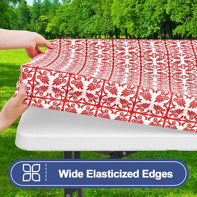 Smiry Picnic Table Cover with Bench Covers, Waterproof Elastic Fitted Tablecloth for 6 Foot Tables, Washable Polyester Tablecloths for Camping, Indoor & Outdoor (Rose Red & White, 30x72 Inch 3-pc Set)