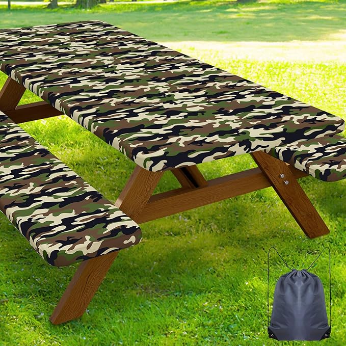 Smiry Picnic Table Cover with Bench Covers, Waterproof Elastic Fitted Tablecloth for 6 Foot Tables, Washable Polyester Camo Tablecloths for Camping & Patriotic Decor (Olive Drab, 30x72 Inch 3-pc Set)