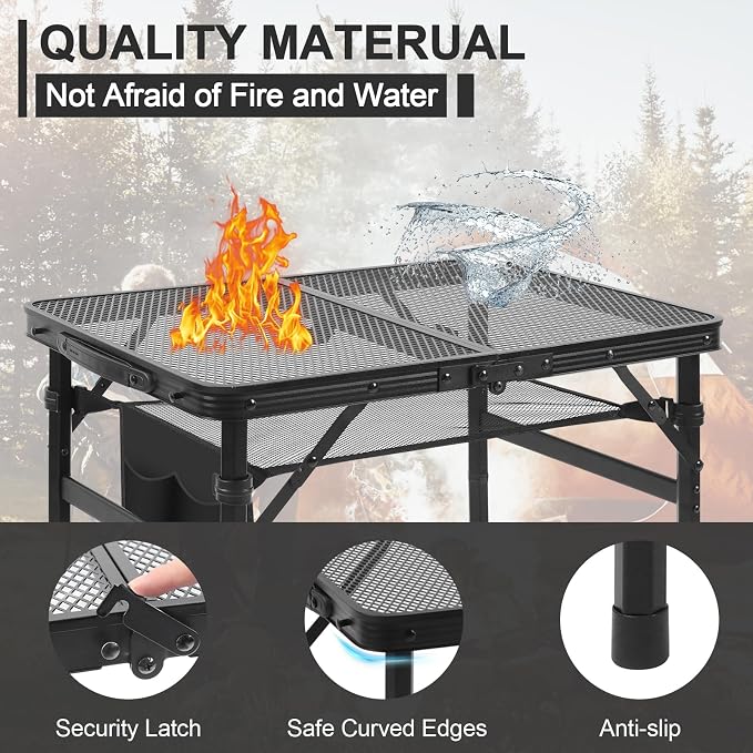 Camping Portable Folding Matel Grill Table,2x1.3 FT | Lightweight Height Adjustable Metal Picnic Outdoor Table with Mesh Desktop and Mesh Bag, Picnic, Beach and BBQ, Party