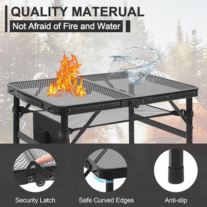 Camping Portable Folding Matel Grill Table,2x1.3 FT | Lightweight Height Adjustable Metal Picnic Outdoor Table with Mesh Desktop and Mesh Bag, Picnic, Beach and BBQ, Party