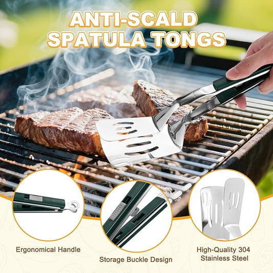 M METERXITY Spatula Tongs, 11.4 Inch 304 Stainless Steel Anti-Scald Multifunctional Flipper Grill Clamp for Cooking/Barbecue, Kitchen Cooking Tongs [Green Handle, Silver Tone]