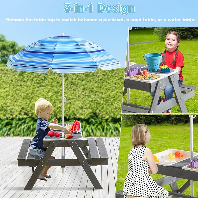 3-in-1 Kids Picnic Table, Play Sand and Water Sensory Table with Height Adjustable Umbrella & Removable Tabletop, Kids Wooden Outdoor Table, with 3 Storage Bins, Upgraded