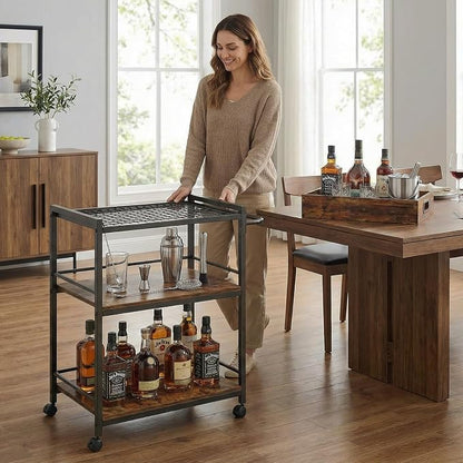 3-Tier Rolling Bar Cart with Removable Tray for Home Kitchen | Rolling Wheels with Handle, 3-Tier Storage, Removable Serving Tray, Sturdy Frame, Multi-Purpose for Kitchen & Bar Use