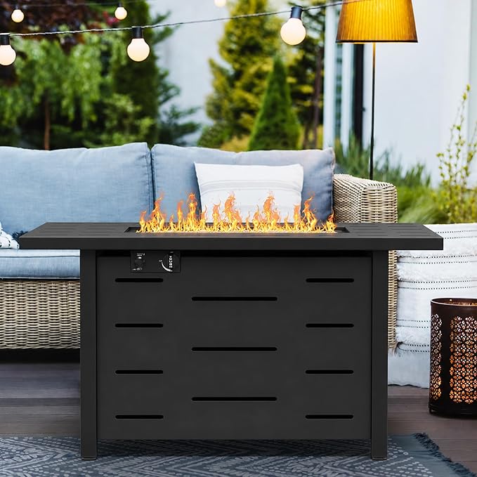 43 Inch Propane Fire Pit Table for Patio & Backyard, 50,000 BTU Steel Gas Fire Pit with Lid & Lava Rocks, Outdoor Table Heater for Deck, Garden, Smokeless Flame