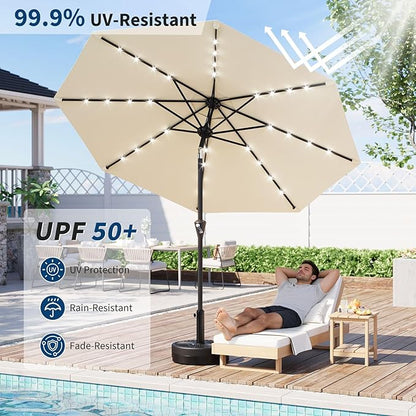 Garvee 10FT Solar Patio Umbrella with 32 LED Lights - Outdoor Table Umbrella with Crank Lift, Push Button Tilt and 8 Sturdy Ribs - Market Umbrella UV Protection for Pool, Deck, Yard, Garden -Beige