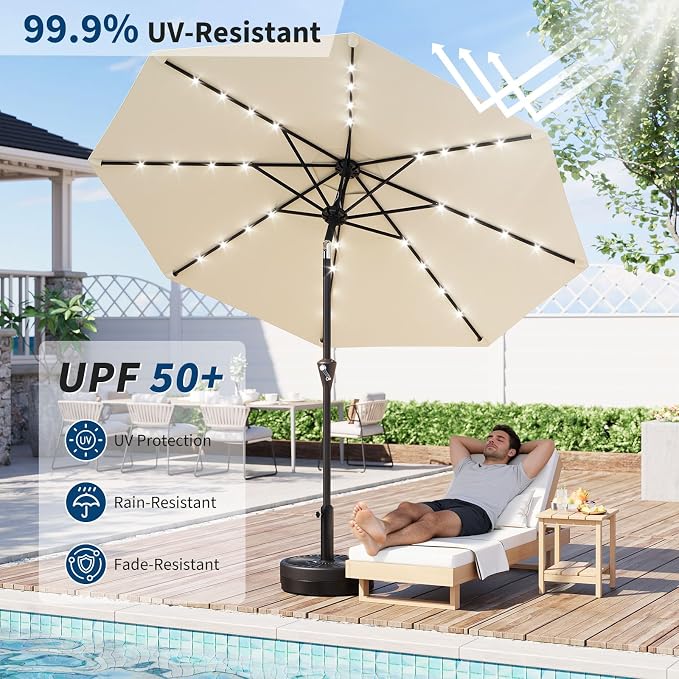 Garvee 9FT Solar Patio Umbrella with 32 LED Lights - Outdoor Table Umbrella with Crank Lift, Push Button Tilt and 8 Sturdy Ribs - Market Umbrella UV Protection for Pool, Deck, Yard, Garden -Beige