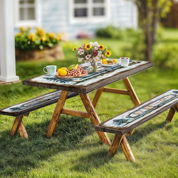 Picnic Table Cover with Bench Covers and Bag, Camping Essentials, Camper Forest Wooden Grain Outdoor Table Covers, Waterproof Windproof, Fitted Tablecloth Cover with Elastic Edge, 3 PCS, 30x72 Inch