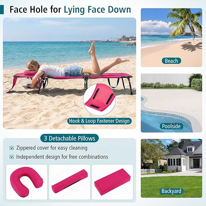 GYMAX Tanning Chair, Folding Lounge Chairs with Face Hole & Cover, Removable Pillow Carry Handle, Portable Compact Outdoor Layout Recliner for Beach, Poolside, Lawn, Patio, Camping (Pink,2)