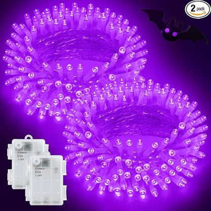 Solar Orange Lights for Halloween String Lights Outdoor Waterproof Total 100LED 33FT with 8 Modes for Yard/Patio/Tree, 16.4Ft*2, 50LED*2 for Halloween Decoration