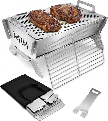 Charmline Portable Fire Pit with 2 Cooking Grates, Small Charcoal Grill | Grill & Fire Pit Combo, Tool-Free Setup, Open and Perforated Grates, Polished Edges, Snap-Lock Structure, Saving Space