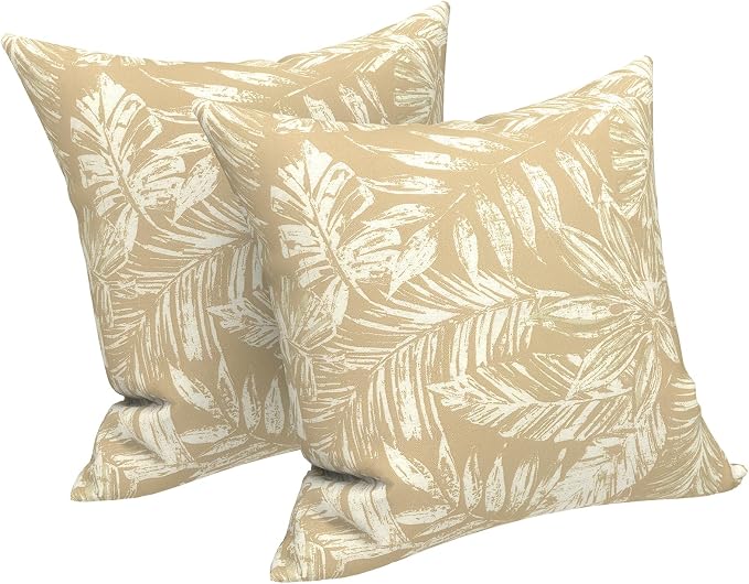 LVTXIII 2 Pack Outdoor Throw Pillow Covers for Patio Furniture, 16x16 Inch Square Pillow Case, Water-Repellent Cushion Covers for Garden, Porch, Sofa, Tropical Leaf Oat