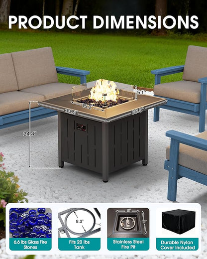 SERWALL Patio Furniture Set with 33” Fire Pit Table, HDPE Outdoor Sectional Sofa Set with Thickened Cushions, Grey Frame with Khaki Cushions