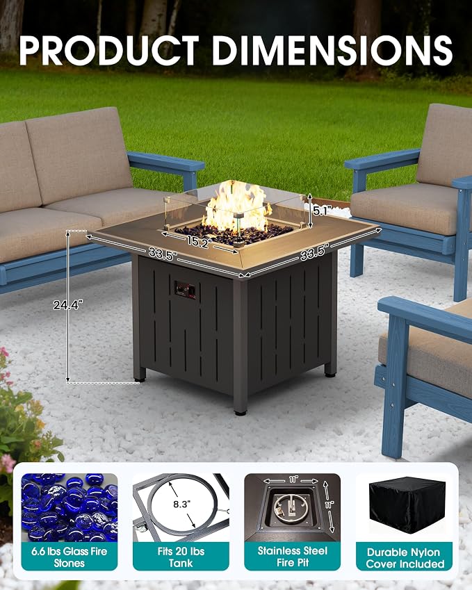SERWALL Patio Furniture Set with 33” Fire Pit Table, HDPE Outdoor Sectional Sofa Set with Thickened Cushions, Blue Frame with Khaki Cushions