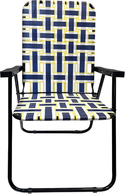 Lawn Chair Folding Steel Webbing Chaise Patio Lounger Seat Wood Handles Great for Camping, Beach, Fishing, Backyard, Stadium, Pool, Boating, and Sports 2 Pack Blue/Yellow