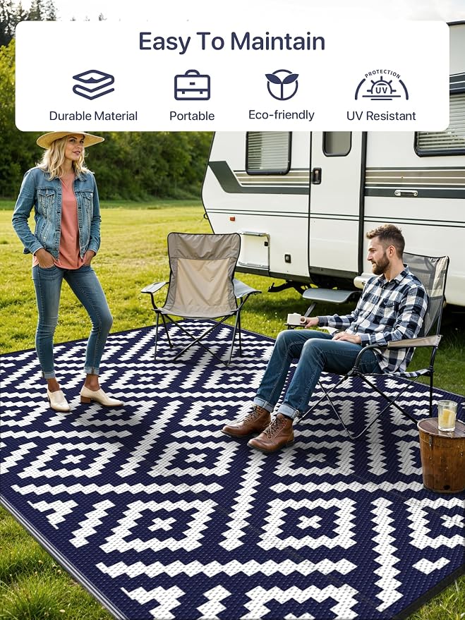 GENIMO Outdoor Rug, Waterproof Plastic Rugs for Patio, 6'x9' Blue White | Outside Larger Modern Carpet Mat for Porch Decor, Deck, Balcony, Camping, RV, Backyard, Picnic, Beach, Reversible, Foldable