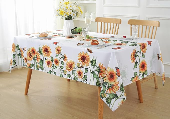 SASTYBALE Sunflower Tablecloth, White, 52x70 Inch Rectangle | Reusable, Spill Proof Wrinkle Resistant Dustproof Table Cloth for Garden Party, BBQ, Picnic Indoor Outdoor Dining